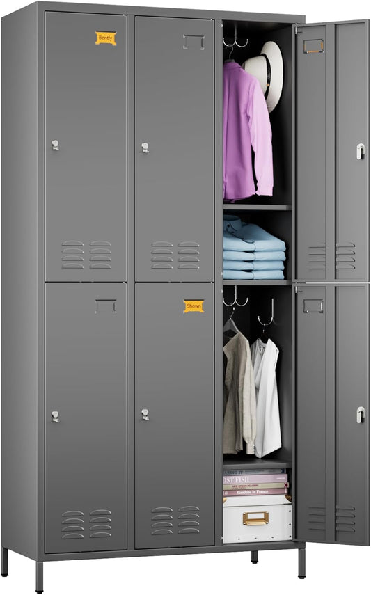 6 Doors Metal Lockers for Employees with 6 Shelves and 18 Hooks, Storage Locker with Business Card Holder for Office Gym School Bedroom, Assembly Required, Dark Gray