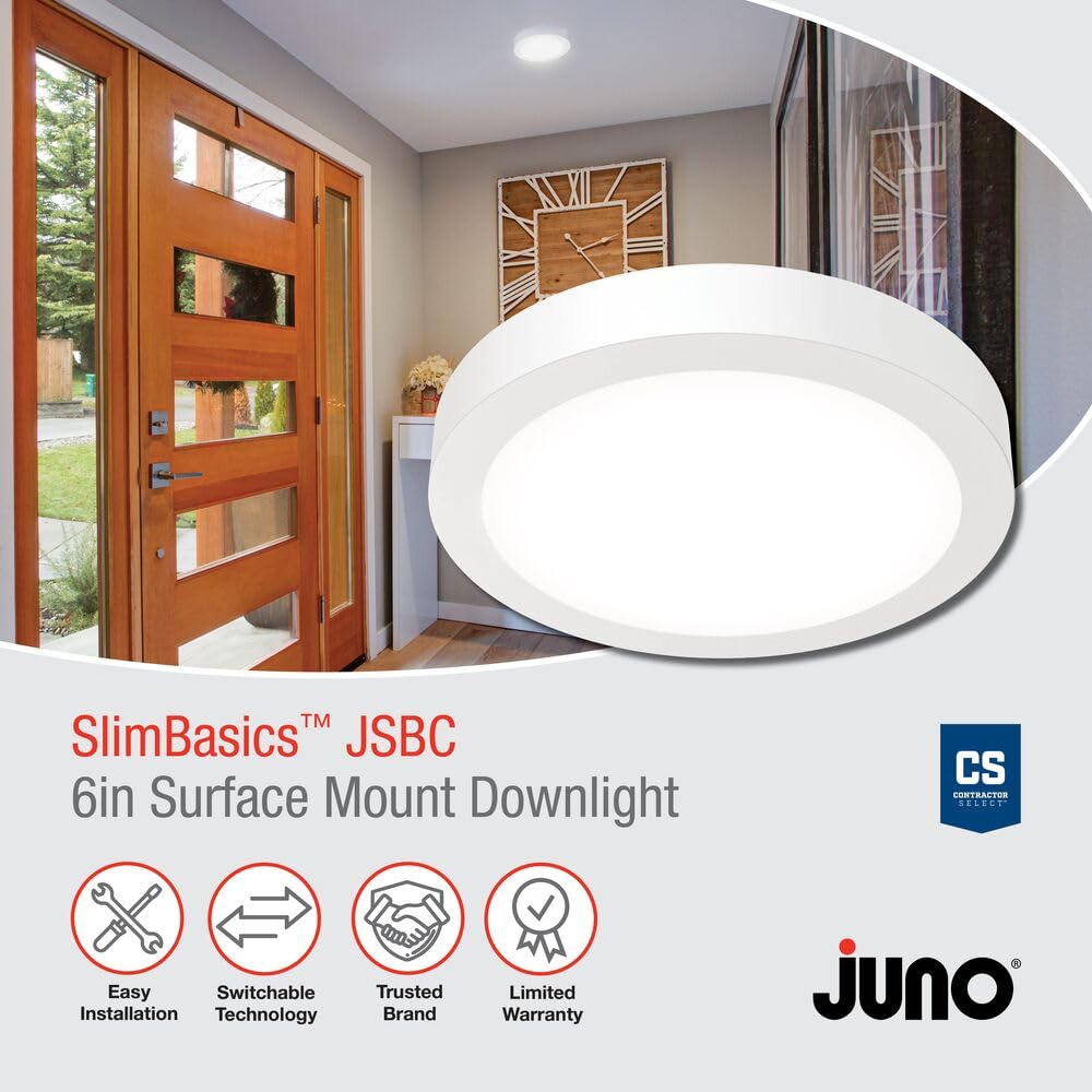 Juno Slim Basics 6 Inch Led Ceiling Light  Low Profile Surface Mount Downlight For Shower Or Closet Lighting  3000K/4000K/5000K Selectable White Light  Edged Trim  Wet Rated  Matte White
