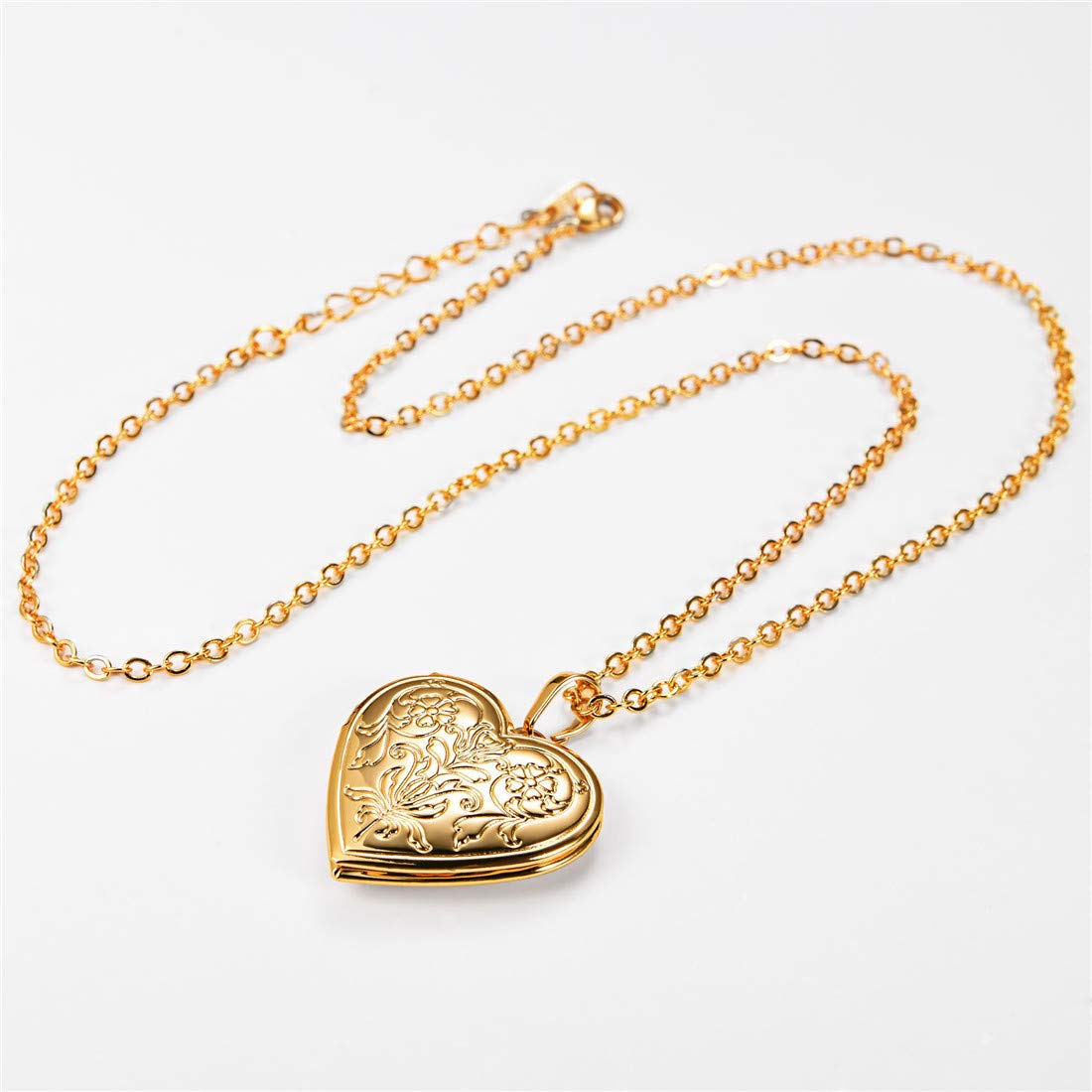U7 Heart Locket Necklace with Blooming Flower Grain 18K Real Gold Plated Cable Link Chain Photo Locket Pendant for Women