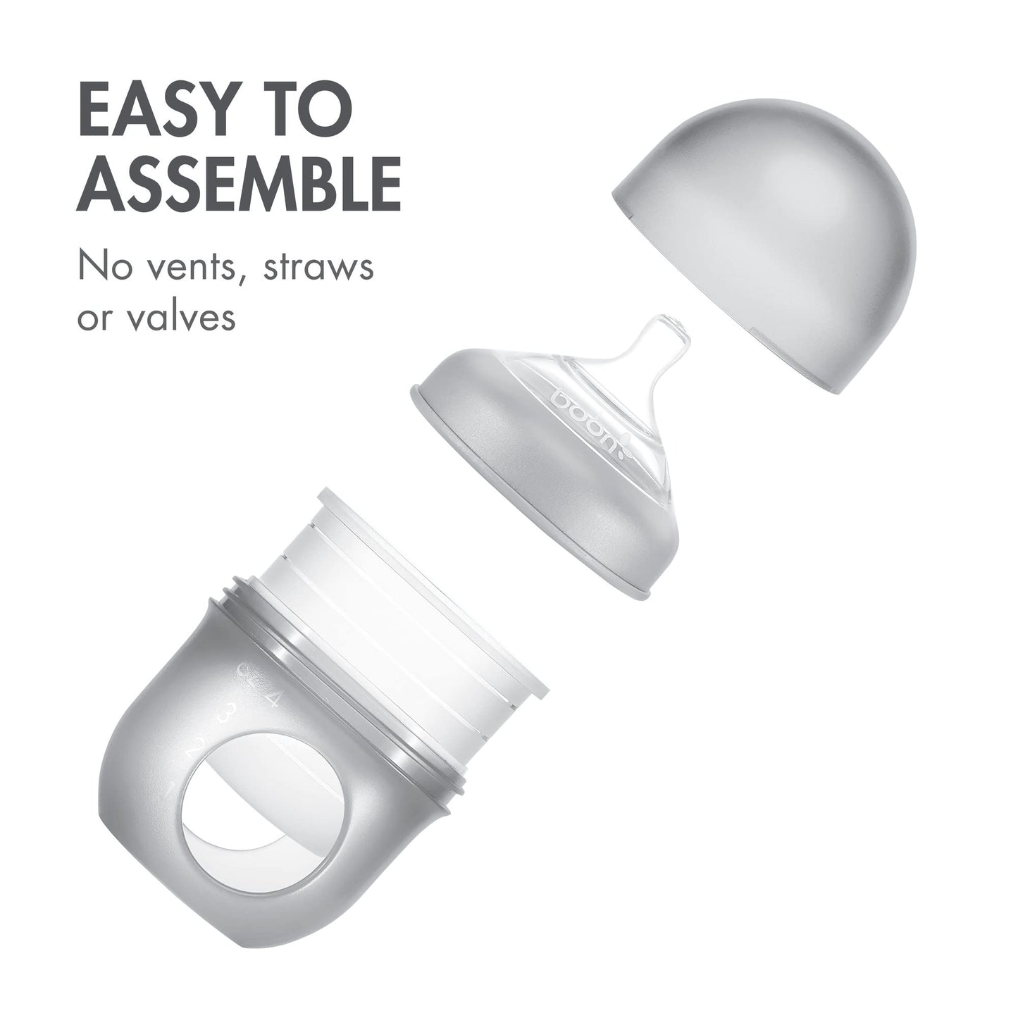 Boon Nursh Reusable Silicone Baby Bottles with Collapsible Pouch - Stage 1 Slow Flow - Gray & Blue - 4 Oz - 3 Count Each
