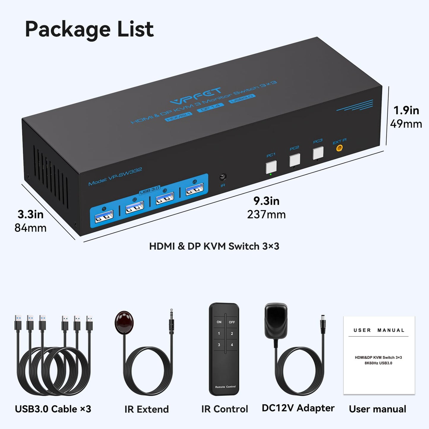 4K144Hz Displayport KVM Switch 3 Monitors 3 Computers 1 HDMI 8K30Hz KVM Switches Triple Monitor for 3 PC Share 3 Screens and 4 USB 3.0 Ports with Wireless Controller