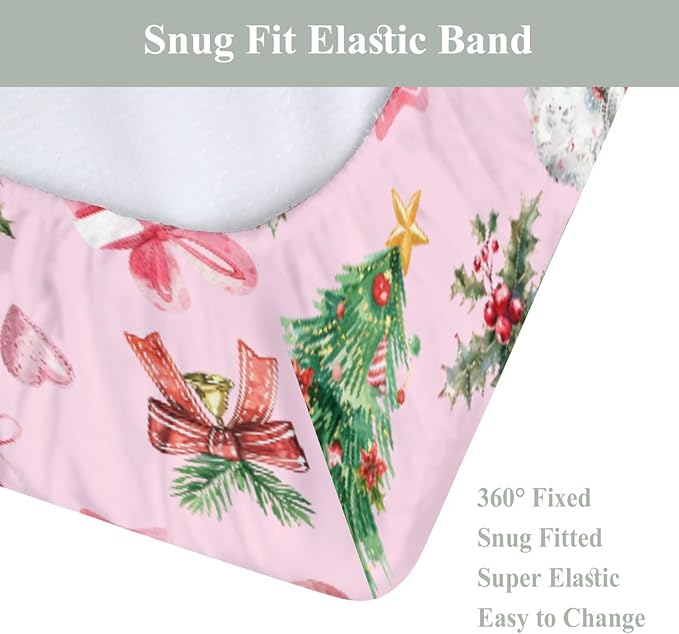 Pink Santa Christmas Trees Baby Changing Pad Covers for Boy Girl Santa Gifts Pine Fir Leaves Candy Love Fitted Changing Table Mats Winter Holiday Festive Soft Diaper Change Table Sheets 32''×16''