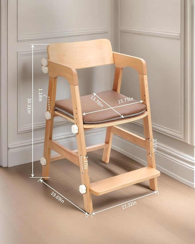 Wooden High Chair for Toddlers, Children Highchairs with Adjustable Cushion and Steps, Kids Wood High Chair for Dining Eating and Studying, from 3 Years up to 300 Lbs