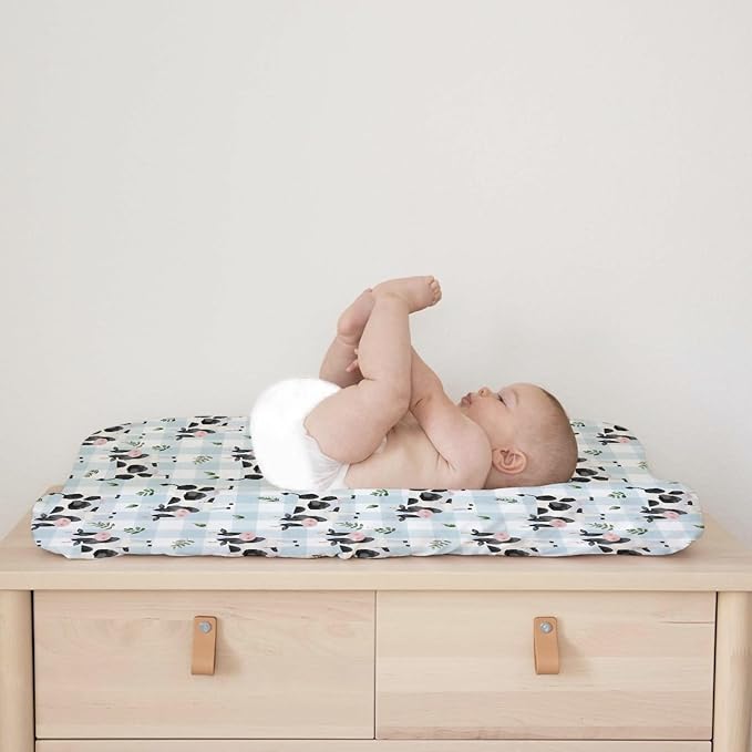 Cow Boho Leaves Changing Pad Covers Spring Farm Animals Leaves Changing Pad Cover Sheets for Boy Girl Cow Plaids Soft Breathable Stretchy Baby Diaper Changing Table Mat Cover 32''x16''