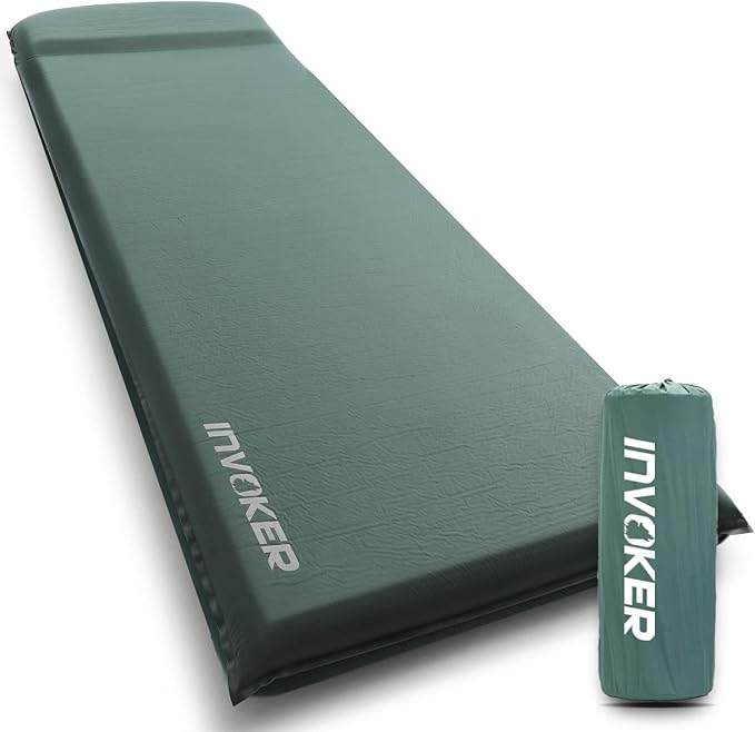 INVOKER 3.15" Self Inflating Camping Sleeping Pad, Ultra-Thick Elasticity Foam Fast Inflating 4-Season Insulated Durable Camping Mat Air Mattress with Pillow, for Tent, Car, Camping, Traveling, Green