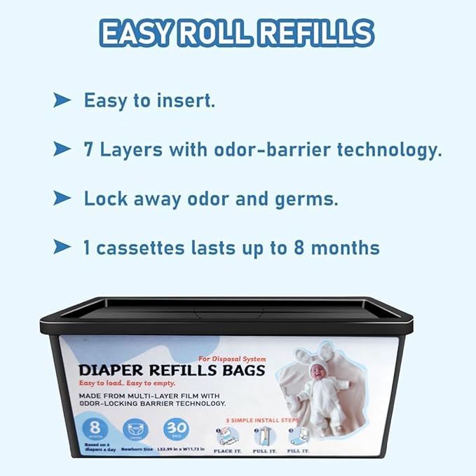 Diaper Pail Refills Bags with 30 Bags, Compatible with Genie Easy Roll Signature Diaper Pail and Platinum Diaper Pail, 7-Layer Odor-Barrier Technology, 4 Pack (120 Bag)