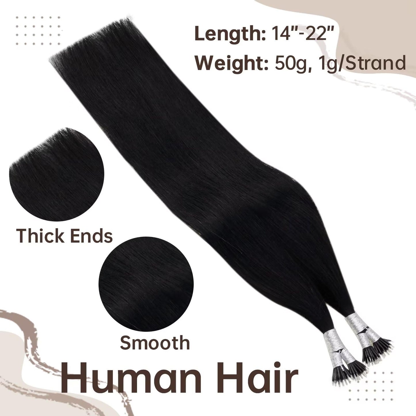 Easyouth Nanos Bead Hair Extensions Human Hair Natural Black Nano Extensions Keratin Hair Jet Black Nano Ring Hair Extension No-