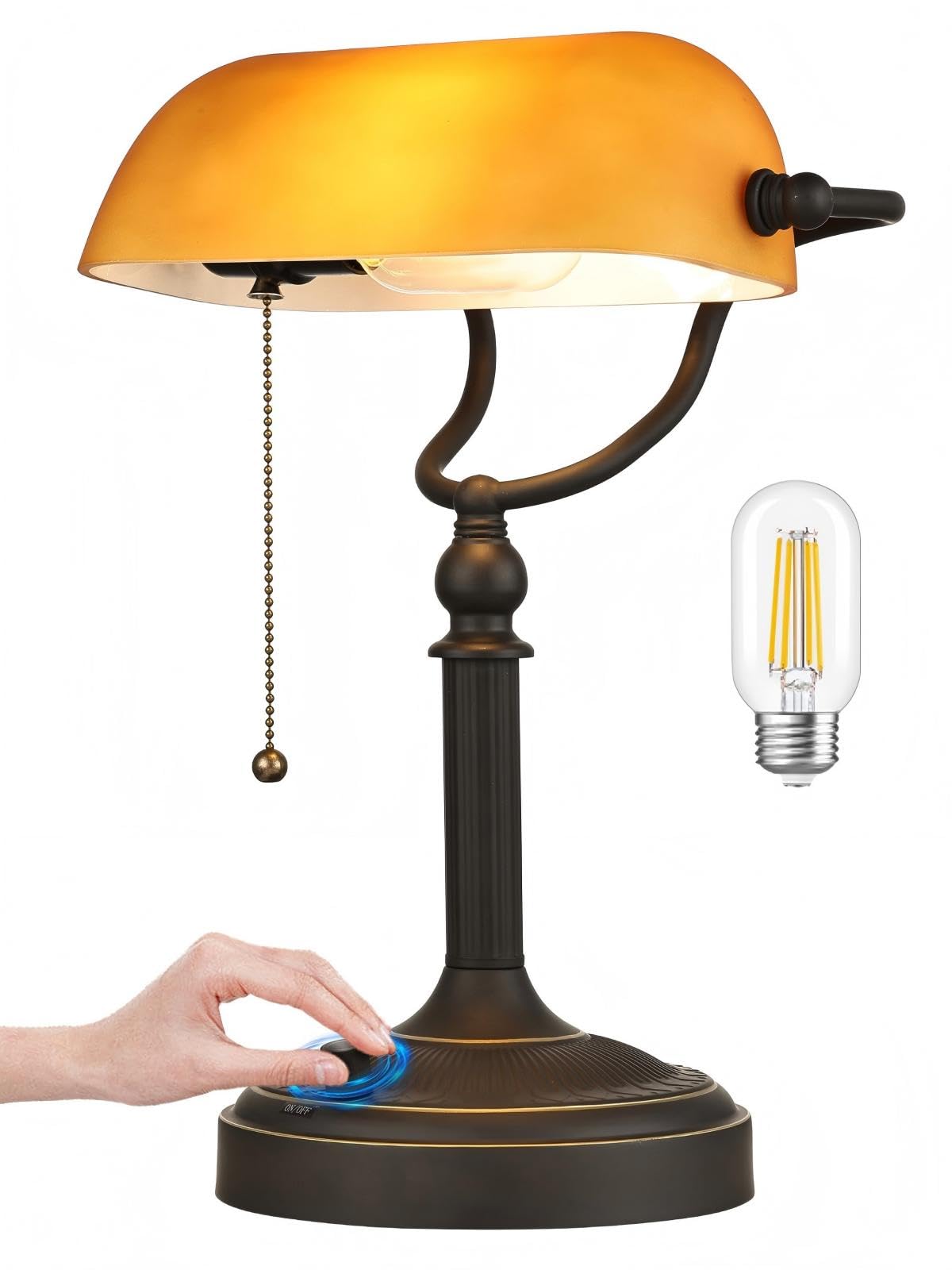Newrays Dimmable Glass Bankers Desk Lamp T9008, Matted Amber, LED Bulb Included, Perfect for Home Office & Library