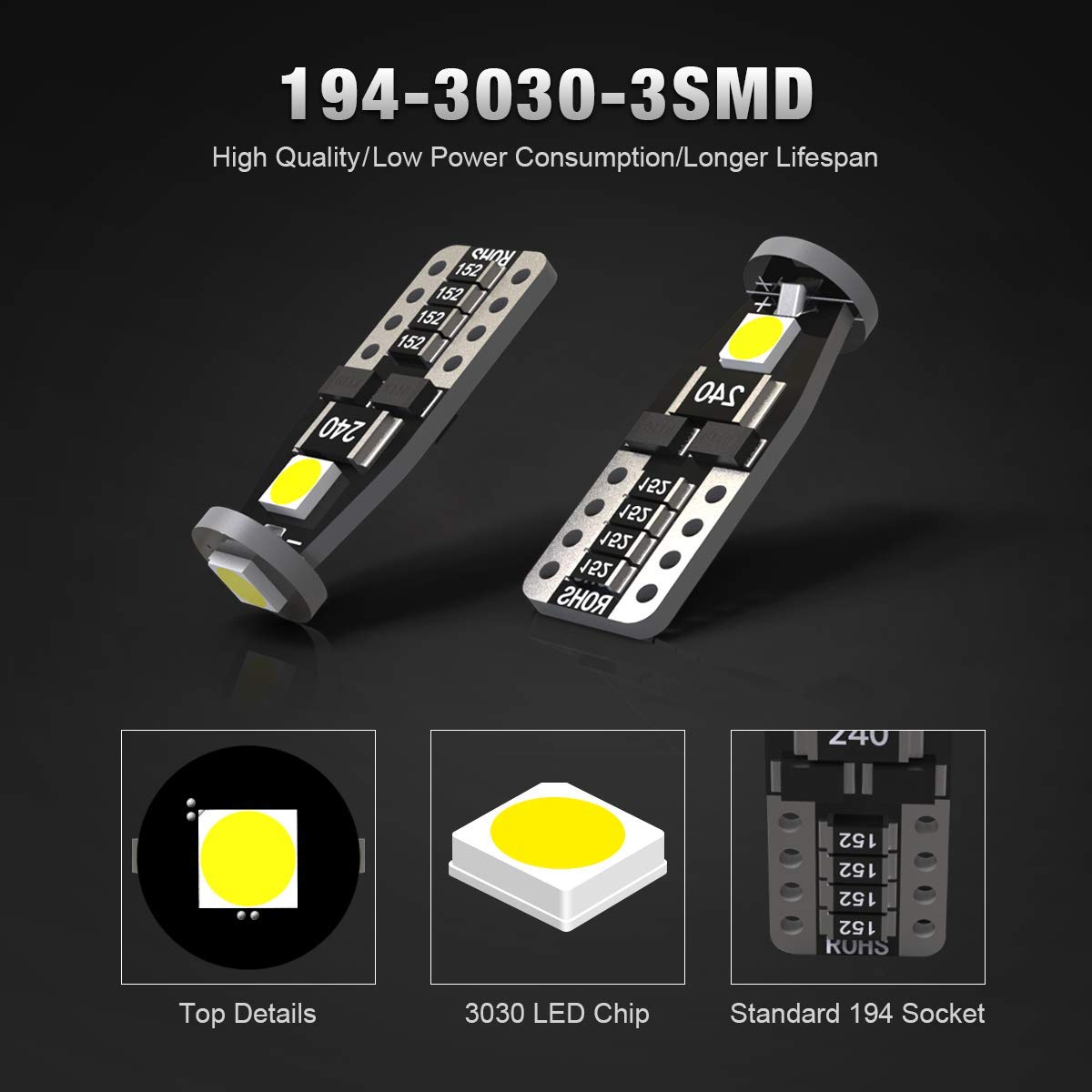Kafeek Led Bulbs T10 Wedge 194 168 2825 W5W, Super Bright 3-3030 Chipset, Can-Bus Error Free, Xenon White