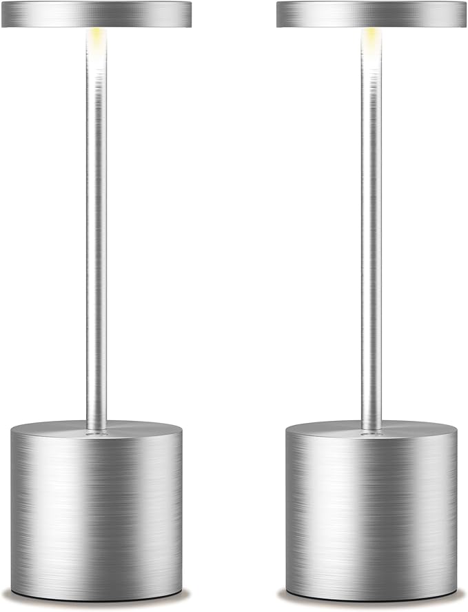 Cordless Table Lamps Rechargeable - Outdoor Portable LED Table Light 5000mAh Battery Operated Lamp 3 Color Stepless Dimming with Memory Function for Restaurant Dining Patio 2Pack Silver