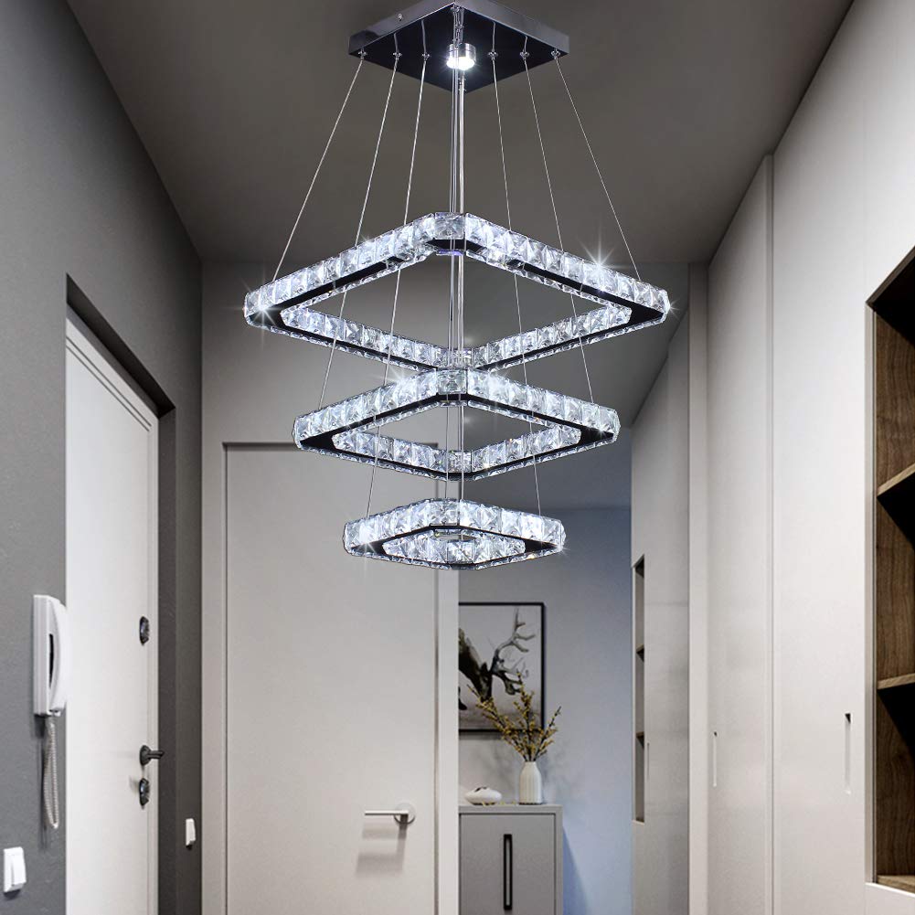 Diisunbihuo Modern Crystal Led Chandelier Pendant Light, Adjustable Height, Square Rings, Cool White, Model B078Dlym5X