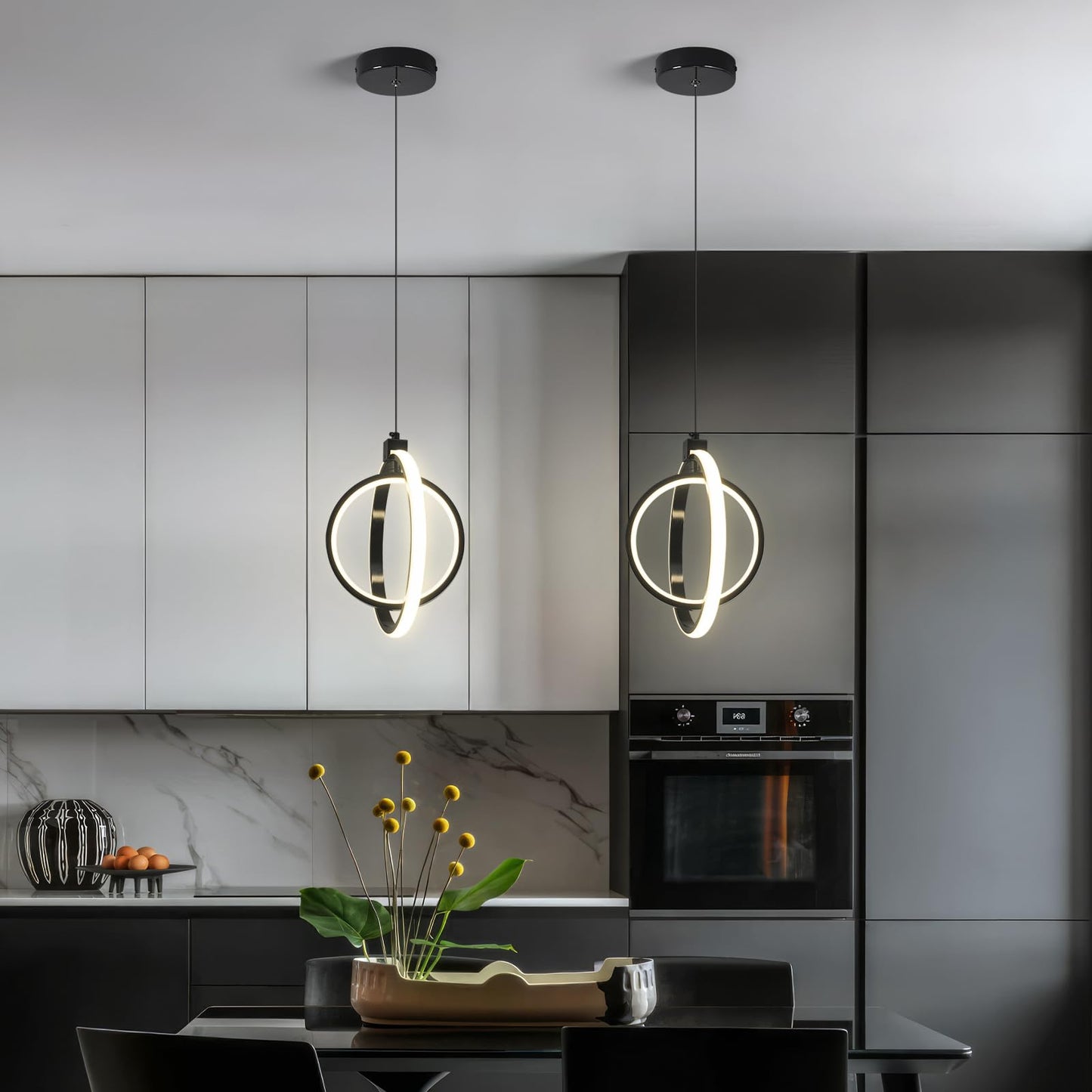 Bnhhlz Modern Led Pendant Lights Plated Black Farmhouse Ring Pendant Light Fixtures 4000K Dimmable Round Pendant Lighting For Dining Room Kitchen Island Bedroom Living Room Foyer(3-Pack)