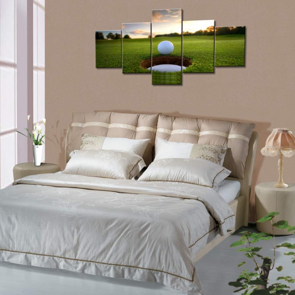 Golfing Wall Pictures for Living Room Golf Ball Hole Paintings Sunset Artwork 5 Piece Green Canvas Wall Art HD Prints Giclee Modern House Decor Wooden Framed Gallery-Wrapped Ready to Hang(50''Wx24''H)
