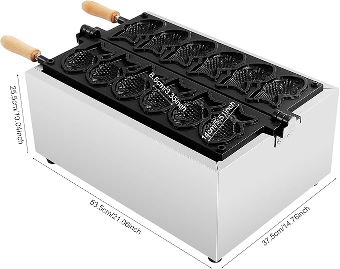 Commercial Sea Bream-Shaped Waffle Maker, Electric Non-Stick Large Fish-Shaped Waffle Maker Makes 6 Mini Closed-End Fish-Shaped Waffles, Suitable for Restaurants, Snack Bars, and Street Vendors 1600W