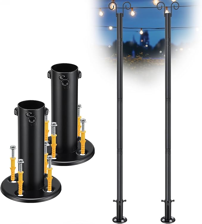 String Light Poles for Outside Deck 2 Pack 8FTHeavy Duty Metal Garden Outdoor Light Poles for Solar String Light Bulbs Han...