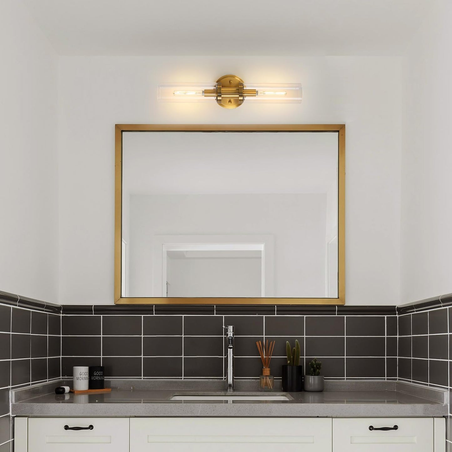 KUZZULL Wall Sconces Set of 2, Brushed Brass Gold, Clear Glass, Modern Lighting Fixtures, 28in, Iron Material