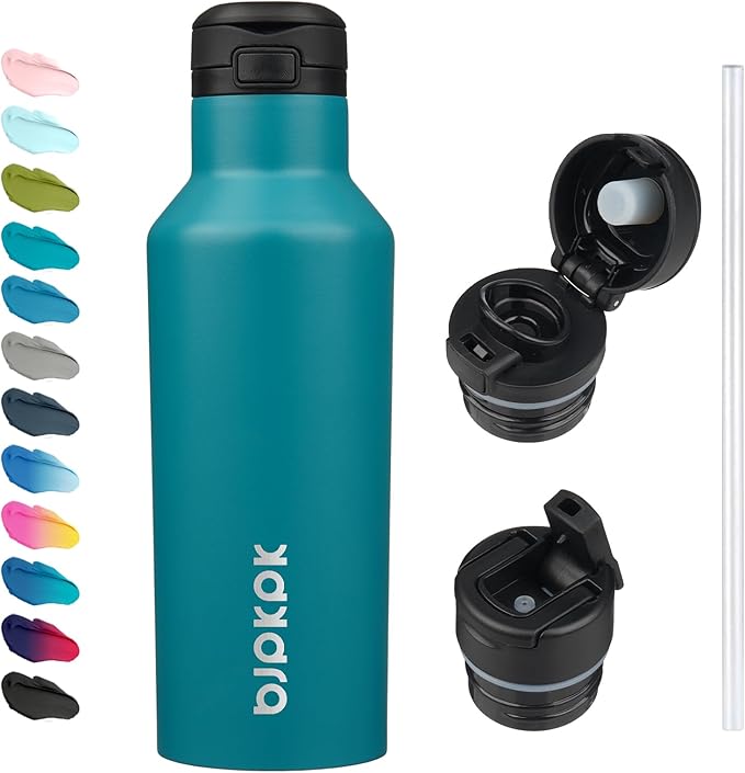 BJPKPK Insulated Water Bottle With Straw 17oz Stainless Steel Water Bottles With 2 Lids And Carry Handle Reusable Travel Metal Thermal Flask,Lake Blue