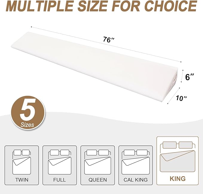 WdFour Bed Wedge Pillow, Close Off Headboard, Wall and Mattress Gap. Incline, Slanted Sweat-Proof Pillow for Neck and Back Pain Relief Anti-snoring for Comfortable Sleeping.(Off-White,76Wx10Dx6H)