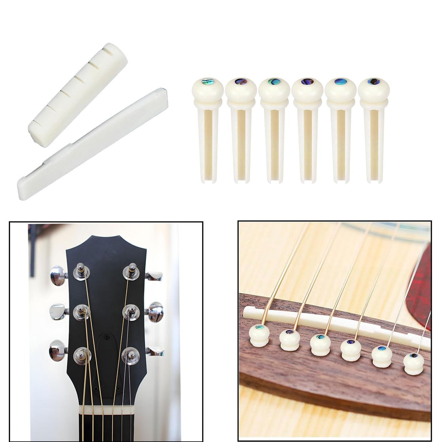 8-Piece Acoustic Guitar Bone Upgrade Kit: Real Bone Bridge Saddle, Nut & Bridge Pins For Enhanced Tone & Sustain - Fits Most 6-S