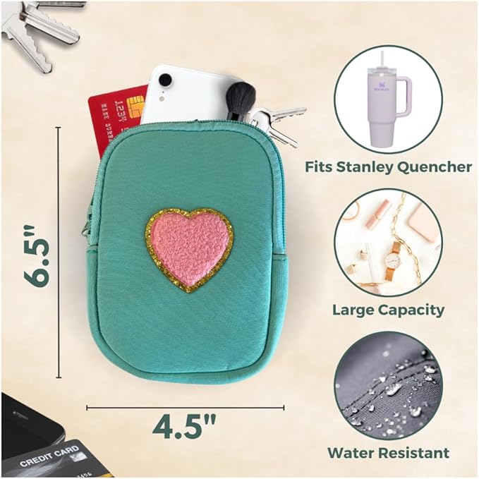 Water Bottle Pouch For Tumblers, Gym Accessories, Unisex | Compatible w/ 20-48oz Tumblers Including Stanley Quencher | Holds Phone, Wallet, Keys, Cards, & More (Neon Orange/Smile Face)