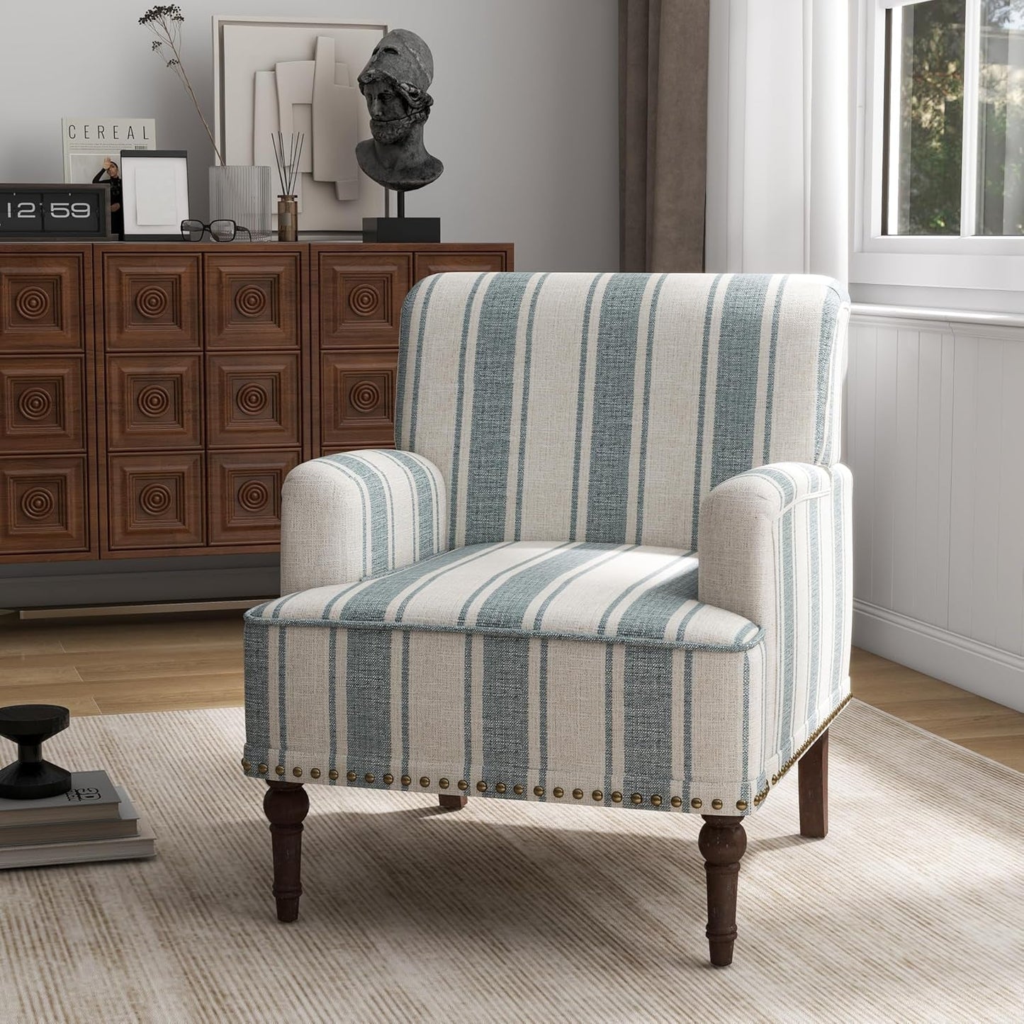 Stripe Accent Chair, Living Room Arm Chairs Modern Nailhead Trim Club Armchair with Wood Legs, Comfy Upholstered Sofa Lounge Seat Reading Seat Bedroom Side Seating for Home Office, Blue