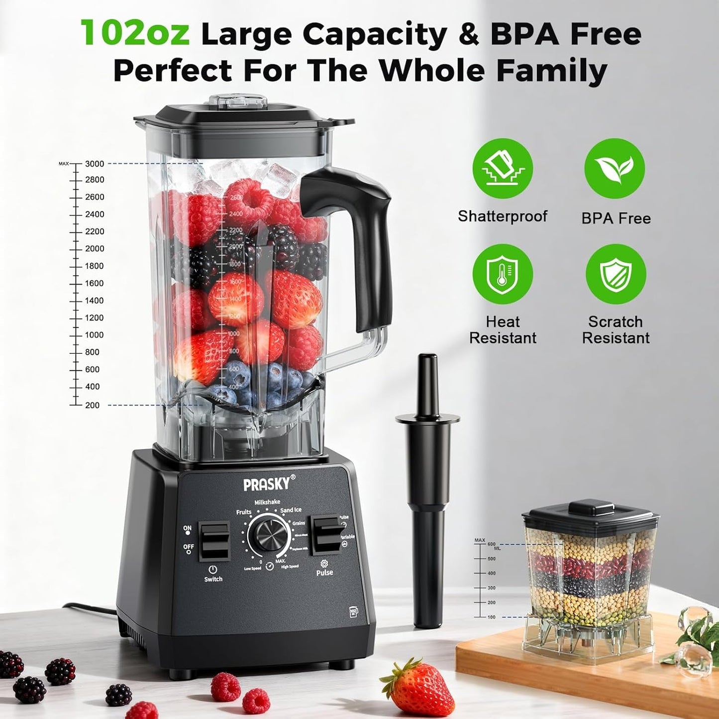 Blenders for Kitchen, Smoothie Blender Large Capacity, 2400W  Countertop Blender with 101Oz Juice & Grinder Jar, Bpa-Free, 25000 RPM Blender for Smoothies, Ice, Frozen Fruit (Gray, 3L)