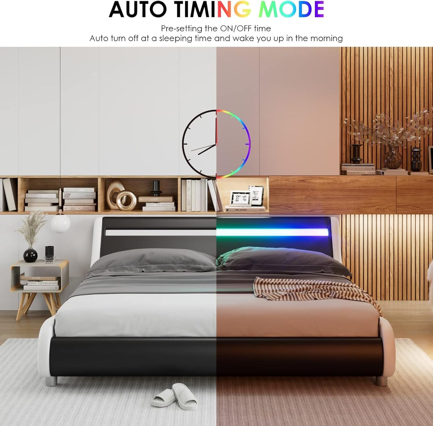 Upholstered Queen LED Bed Frame with Headboard, Modern Low Profile Platform Bed with Strong Slats Support, Faux Leather Wave-Like Bed Frame, Easy Assembly, No Box Spring Needed, Blackwhite
