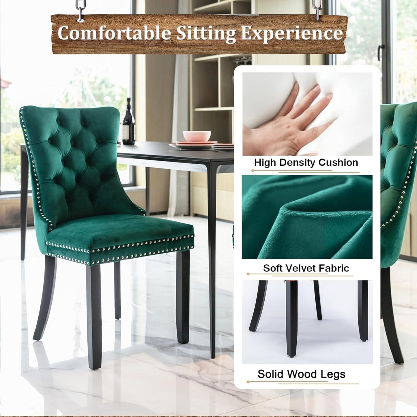 Farmhouse Extendable Dining Room Table Set for 8, 9-Piece Rectangle Kitchen Dining Room Table Set with Wood Base and 8 Green Velvet Dining Chairs, Extending Kitchen & Dining Table Set