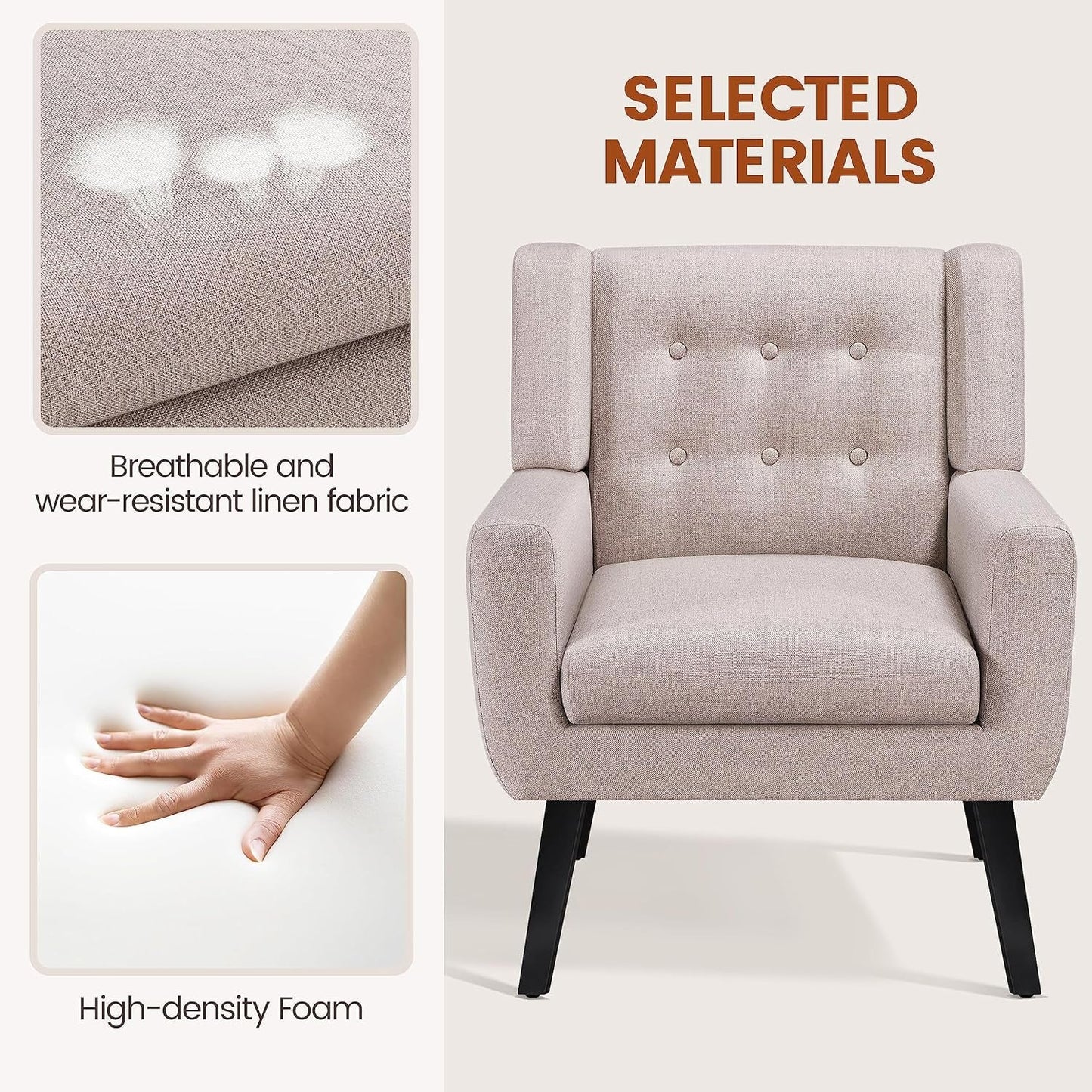 Accent Chairs Set of 2, Living Room Chairs Set, Beige Sofa Chairs, Linen Fabric Reading Chair, Modern Accent Chair for Bedroom Office Reading Nook, Beige