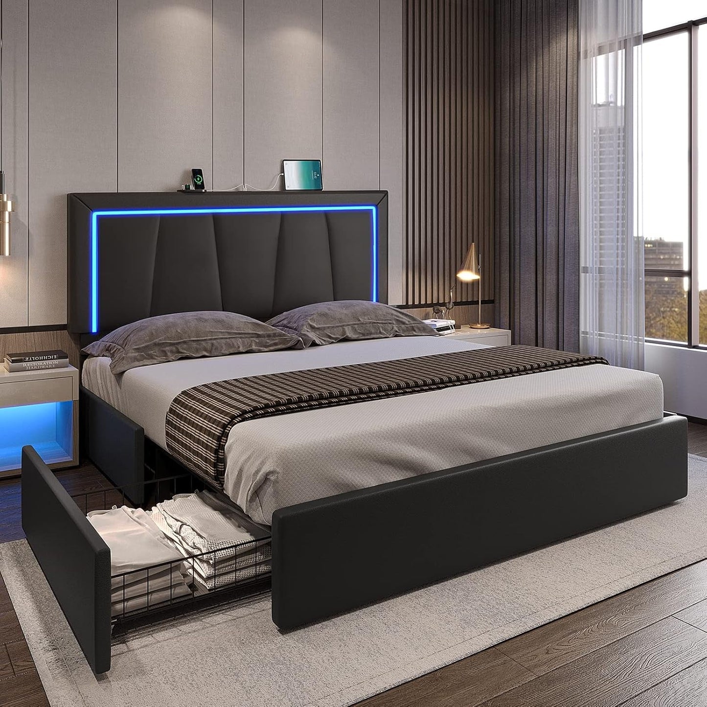 Queen Bed Frame with Headboard and 4 Storage Drawers, Modern Faux Leather Upholstered Platform Bed Frame Queen Size with LED Lights and USB Ports, No Box Spring Needed, Black