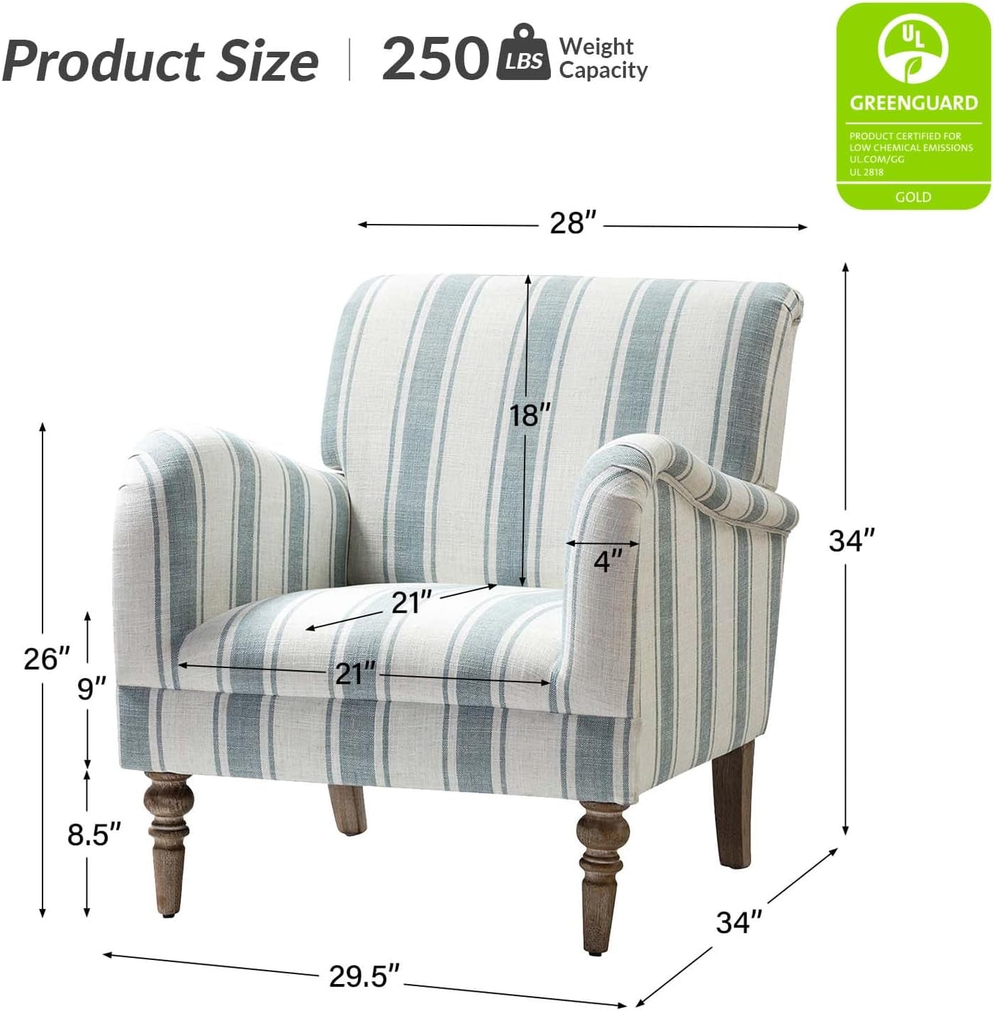 Modern Accent Chair with Arms and Wooden Legs, Comfy Upholstered Armchair for Living Room, Bedroom (Stripe Pattern, Blue)