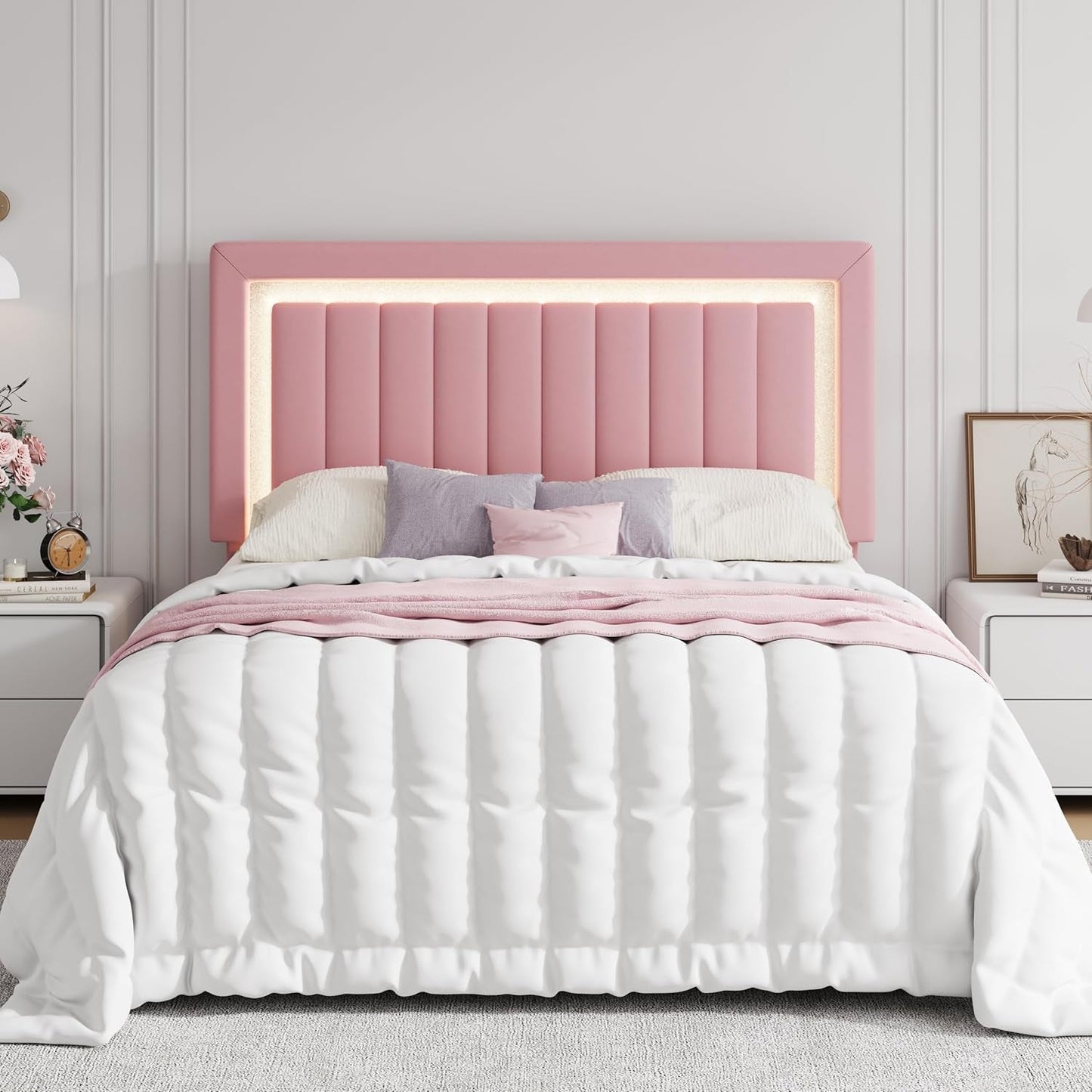 Queen Size Velvet Bed Frame with LED Light, Adjustable Vertical Channel Tufted Headboard, Strong Wooden Slats Support, Noise-Free, No Box Spring Needed, Pink