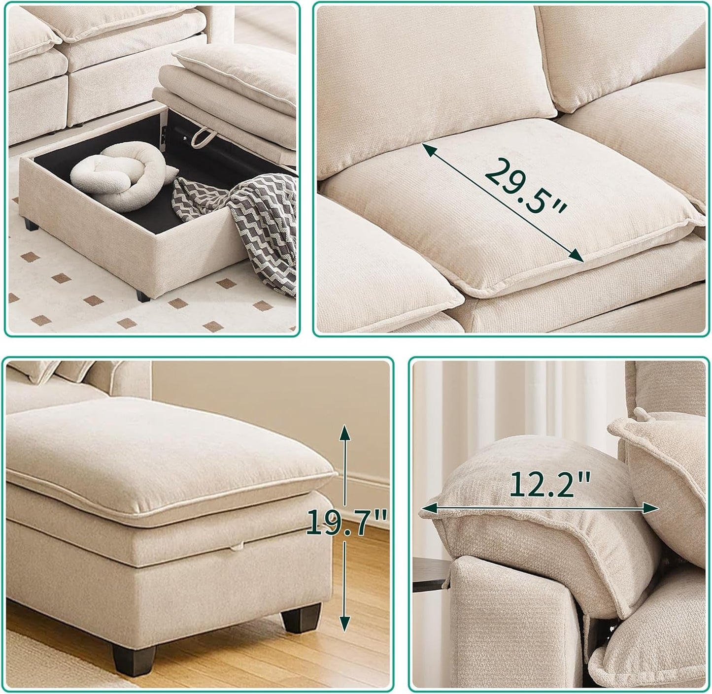 Large U-Shaped Sectional Couch Set - 6/7/8 Seater Oversized Cloud Sofa for Living Room, Big Comfy Chenille Fabric Couches, Extra Long Modular Sofa Bed Furniture (Beige, 6-Seater Sofa)