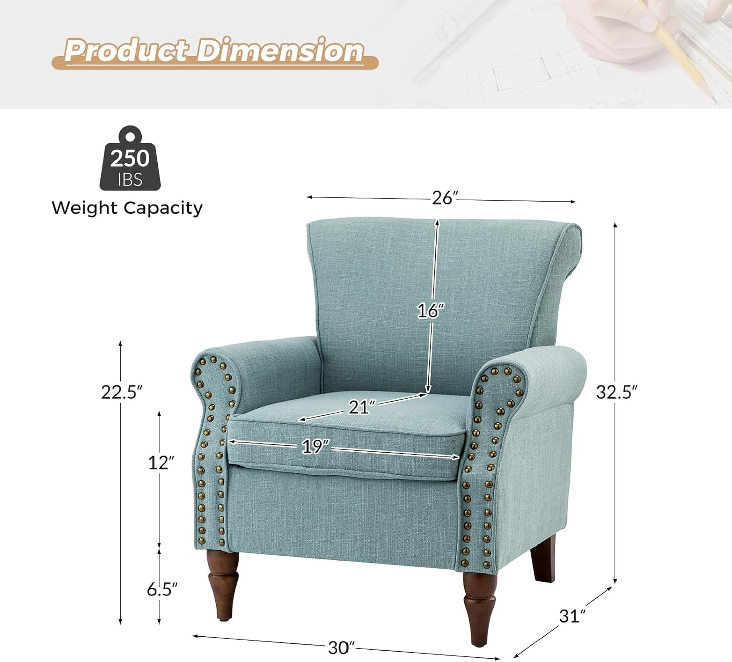 Accent Chair with Wood Legs & Removable Cushion, Modern Wingback Armchair with Nailhead Trim, Comfy Upholstered Lounge Chair, Single Sofa Chairs for Living Room Bedroom, Blue