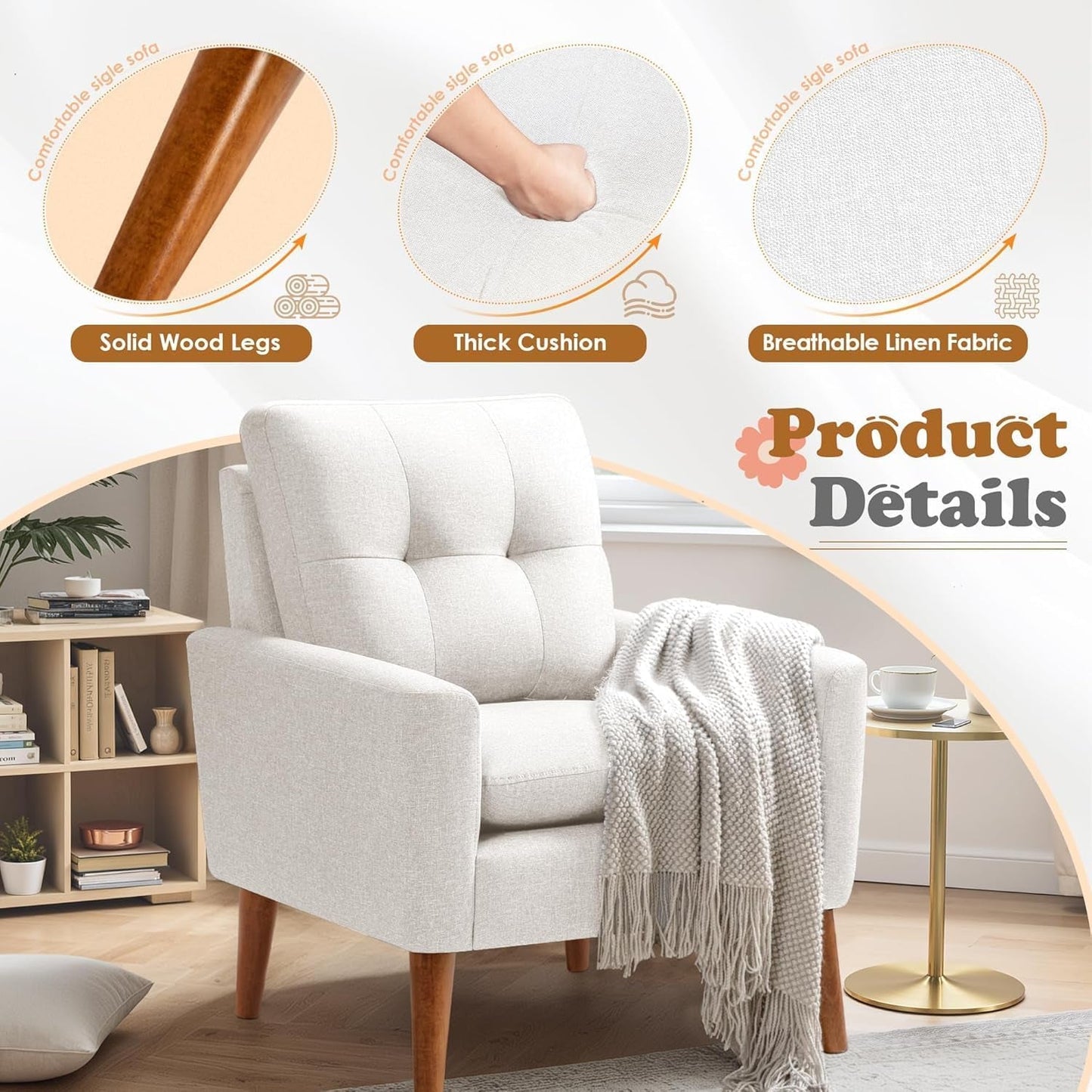 Mid Century Accent Chair, Fabric Modern Reading Living Room Chair, Fluffy Comfy Armchair Small Sofa Chair with Wood Legs for Bedroom Office Cafe, Set of 2 (Pure White)