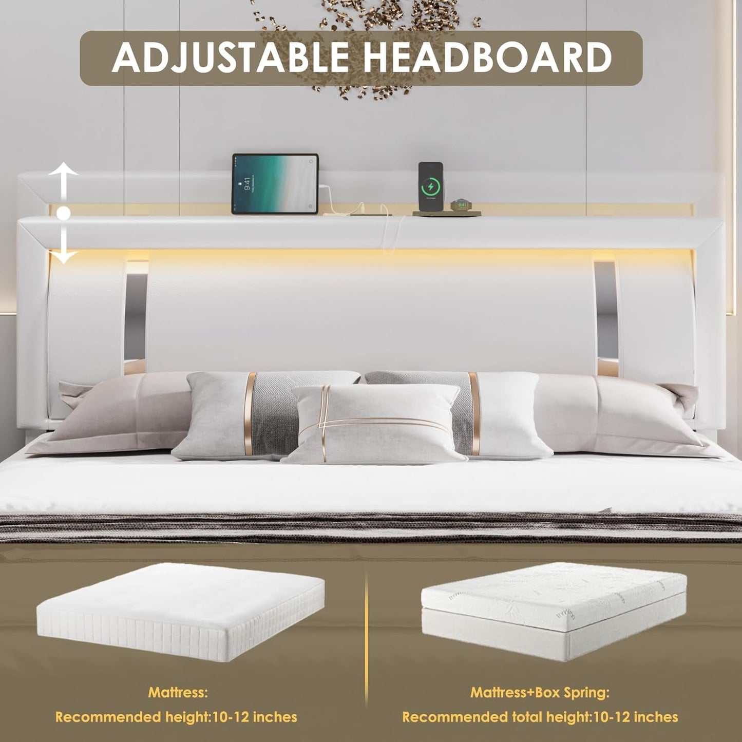 Queen Bed Frame with RGB LED Lights Headboard & 2 Storage Drawers, Modern Upholstered Faux Leather Smart Platform Iron Metal Decor, USB USB-C Charging Ports, No Box Spring Needed, White