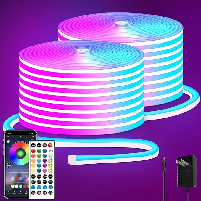 100FT RGB LED neon Rope Lights LED neon Lights with Remote/APP Control 24V IP65 Waterproof Flexible Neon LED Strip Lights ...
