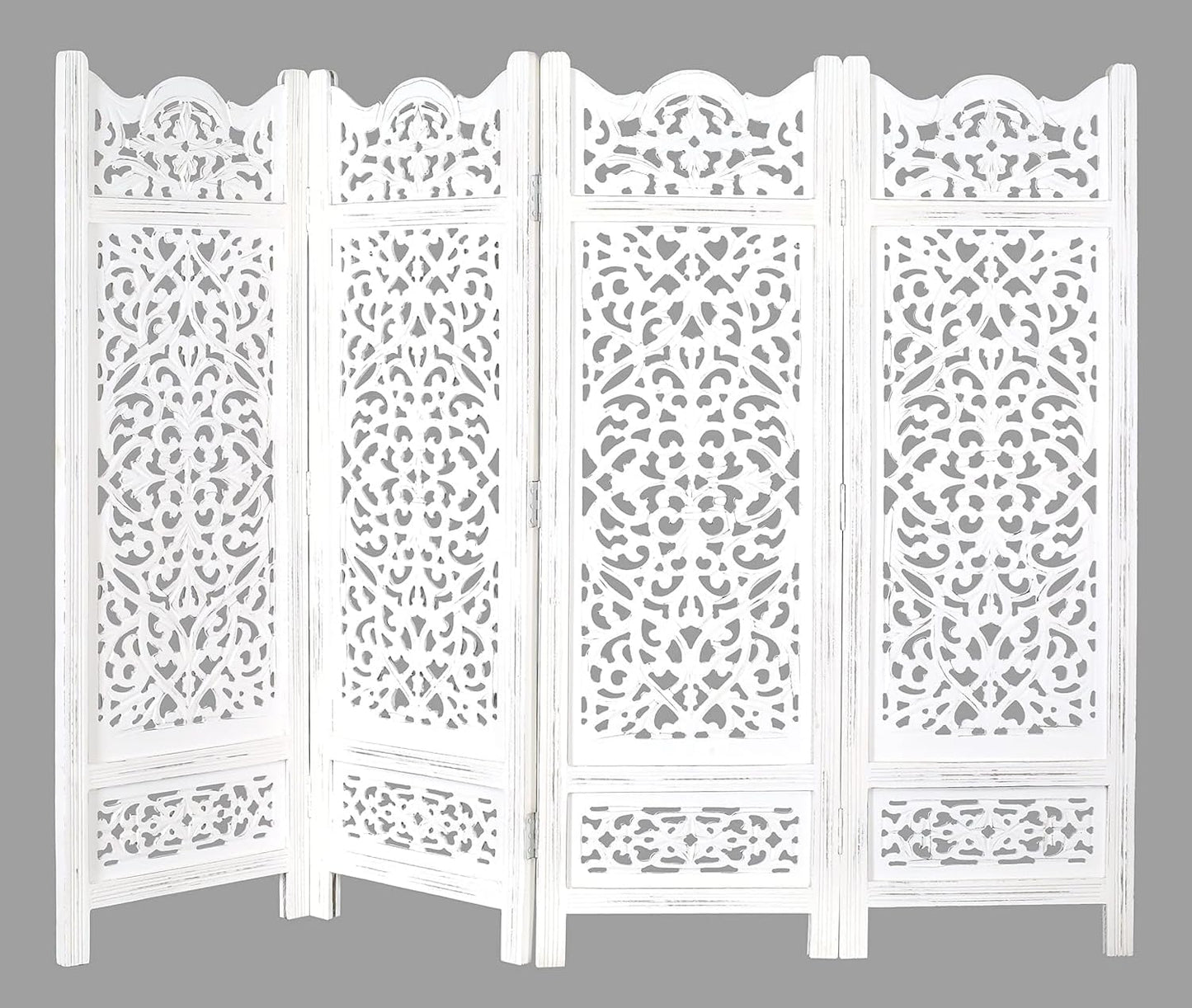 Room Divider Wood Screen Panel – Antique White, 4-Panel Folding 64"x48", Hand-Carved, Reversible Privacy Partition, Decorative & Functional Portable Room Divider for Home or Office
