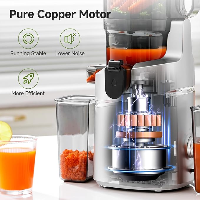 Cold Press Juicer – 5.8" Wide Mouth Hopper for Whole Recipe Loading, Self Feeding for Hands-Free Operation, Zero Waste Masticating Juicer For More Juice, Less Pulp – Triple Strainers