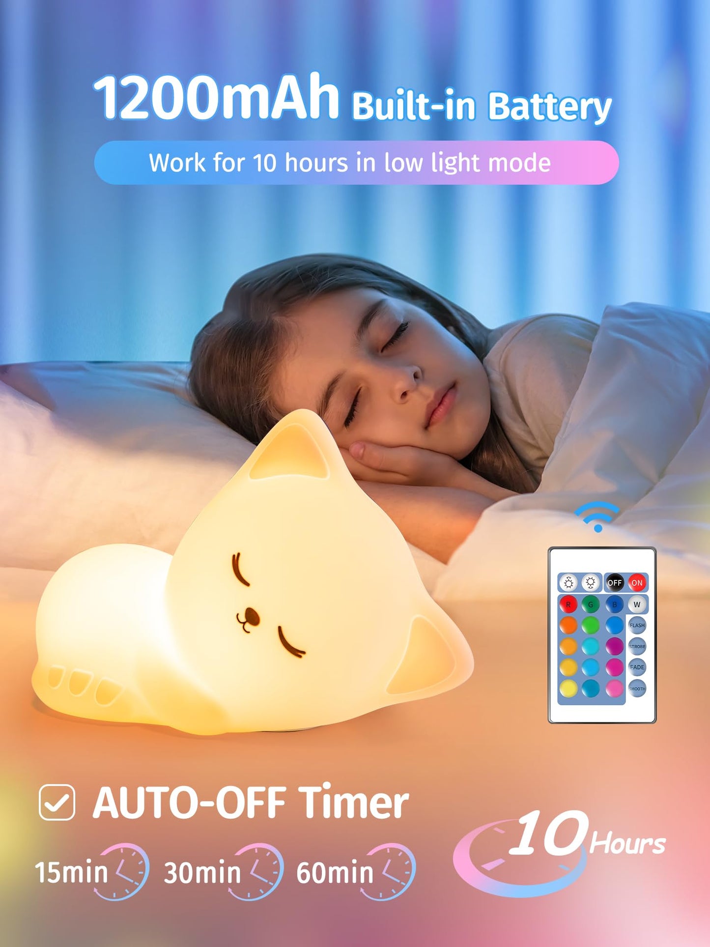 Mubarek Baby Night Light, 16 Colors Dimmable, Silicone, Rechargeable, Cat Remote, Night Light for Kids