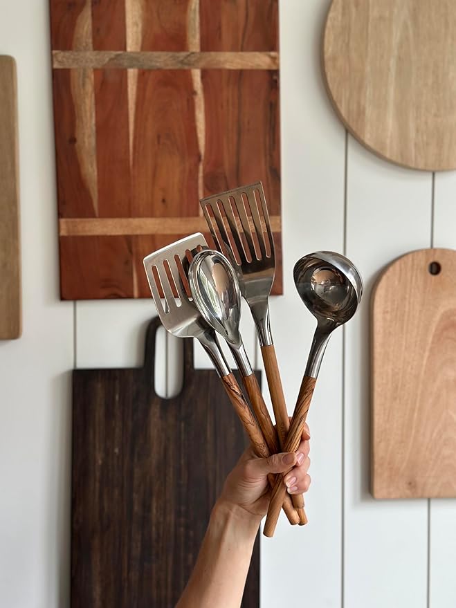 Premium Cooking Utensil Set – Salt & York 4-Piece Stainless Steel Non-toxic Kitchen Tools with Handcrafted Wooden Handles – Spatula, Ladle, Spoon – Gift for Home Cooks, Kitchen Gift