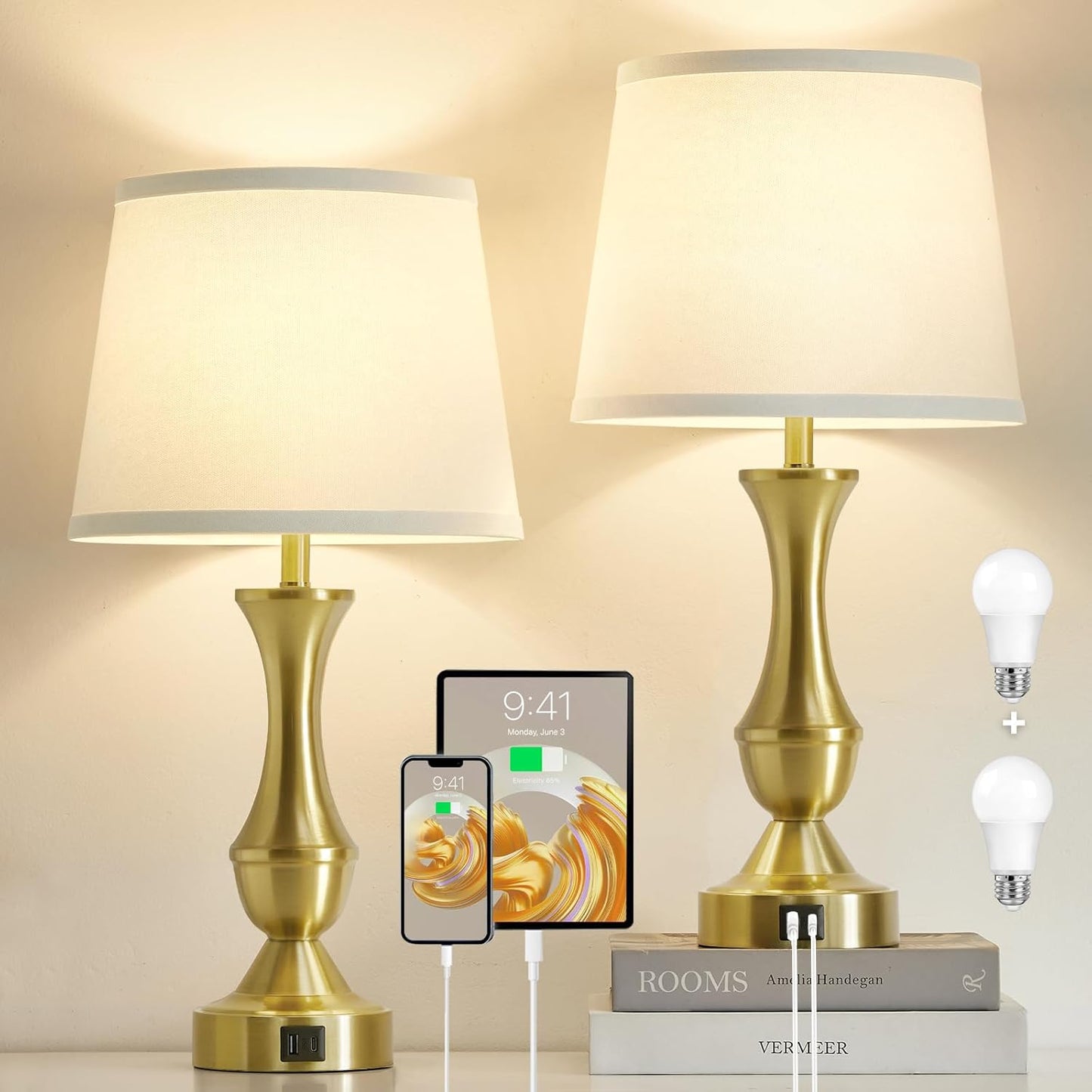 Luvkczc 22" Gold Table Lamps Set of 2 - Modern Luxury Bedside Lamps with White Fabric Shade, 3-Way Dimmable & Dual USB C+A Ports, Nightstand Lamps for Bedroom/Living Room (Bulb Included)