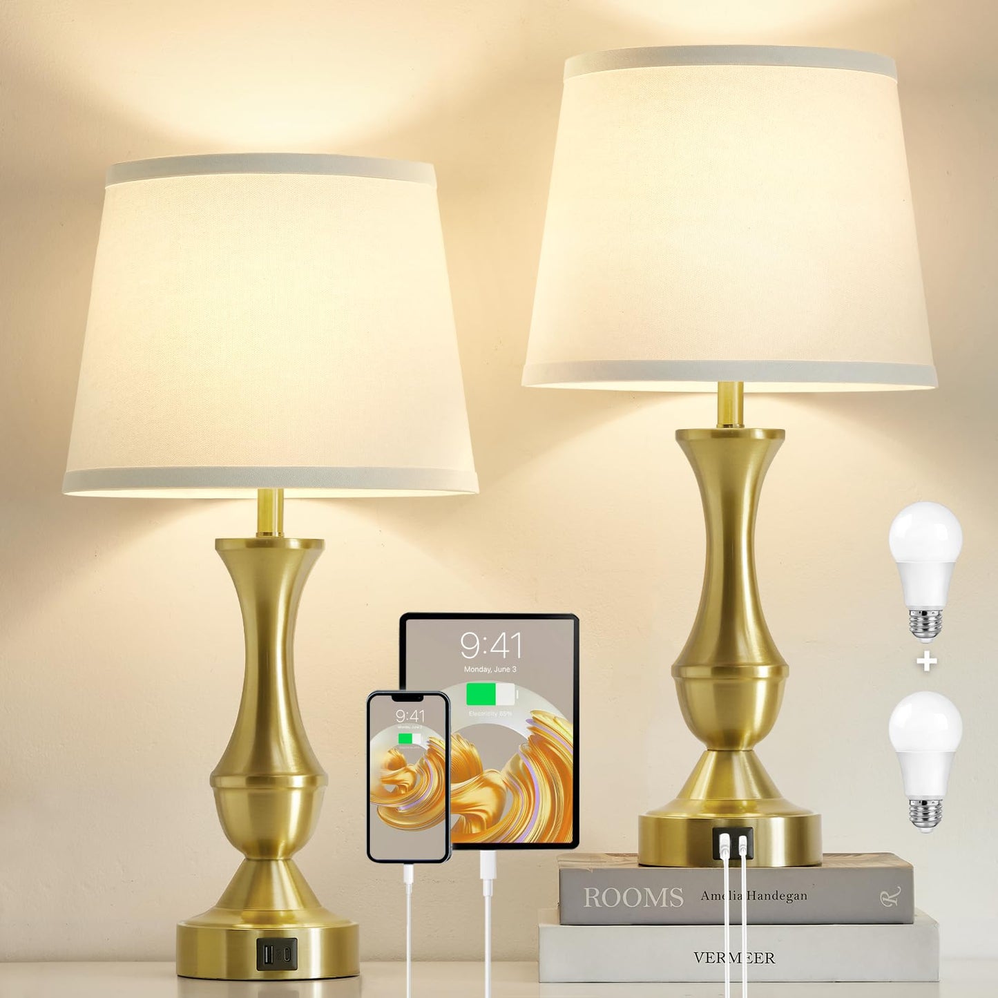 Luvkczc 22in Gold Table Lamps Set of 2 - Modern Bedside Lamps with White Shade, 3-Way Dimmable, Dual USB Ports, Model 73008K
