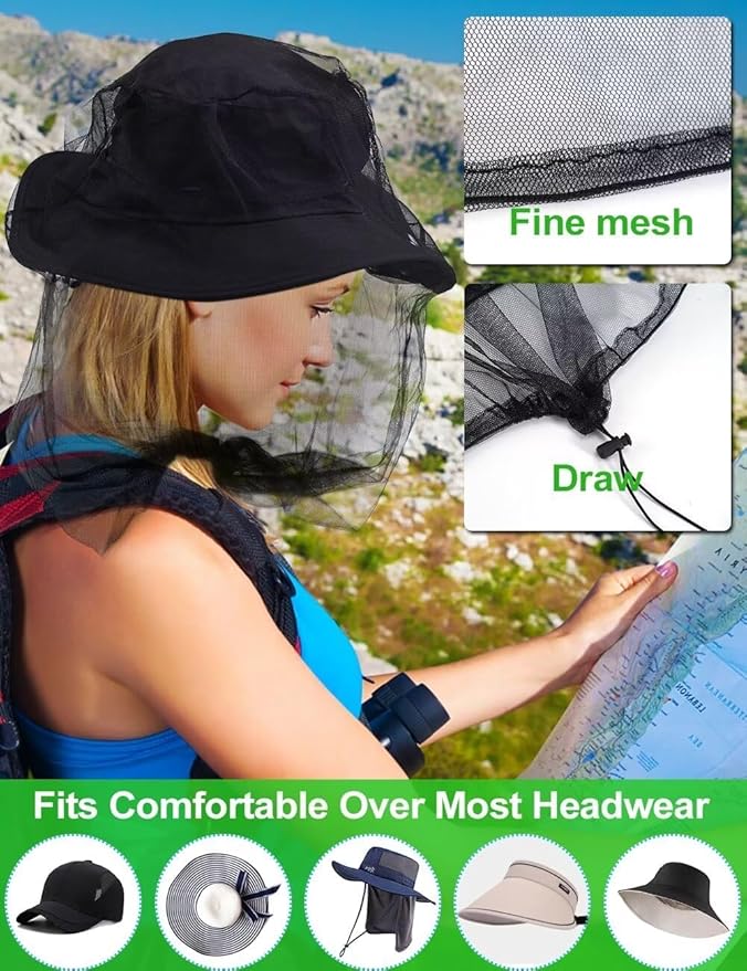 Wohohoho Mosquito Mesh Head Net with Drawstring, Face Netting for Hats & Men/Women - Beekeeper Net Mask Protection for Midge, Bugs & Gnats (2 Packs, Khaki) BIG NET