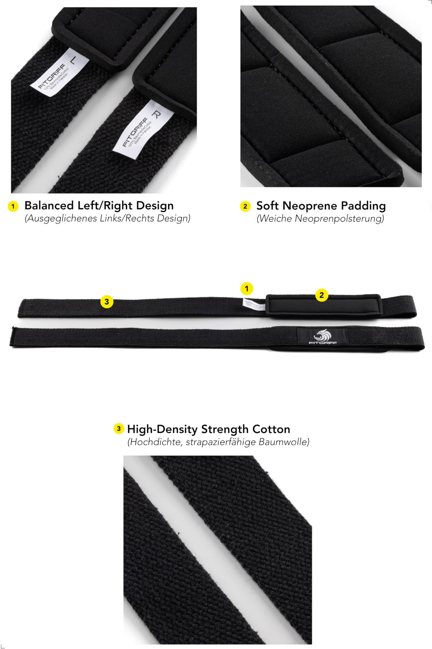 Fitgriff® Lifting Wrist Straps for Weightlifting, Gym, Deadlift, Workout (Made of Premium Cotton & Padded) - Men & Women (Standard, Black-Original)