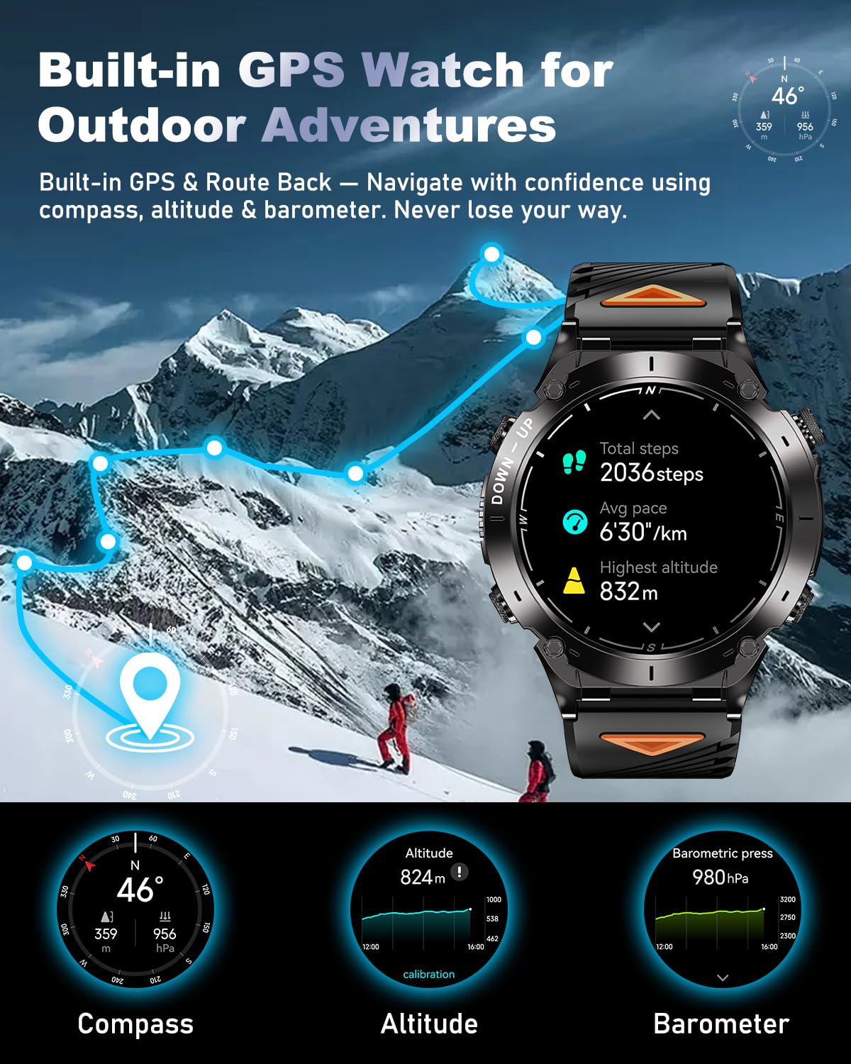 PODOEIL GPS Military Smart Watch for Men with Bluetooth Call, 1.43" AMOLED Waterproof Fitness Tracker with Heart Rate/Sleep Monitor/Flashlight, 170+ Sports Modes, 730mAh Battery for Android/iOS