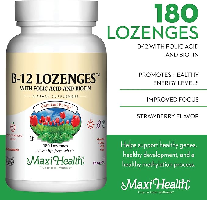 Maxi Health Vitamin B12 Lozenges with Folic Acid and Biotin - Sublingual B12 Vitamins Strawberry Flavor - Vegetarian Kosher B 12 Vitamin for Red Blood Cell Production and Energy (180 Count)