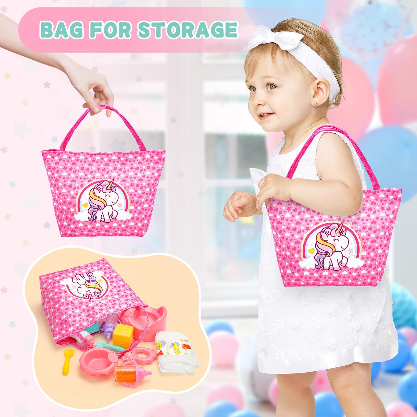 deAO Baby Doll Playset Baby Doll Crib Bed Set Adjustable 2 in 1 Baby High Chair and Rocking Bed, Baby Doll Accessories with 13 Inch Dolls, Feeding Pretend Play Toy Gift for Toddler 3+ Years Old
