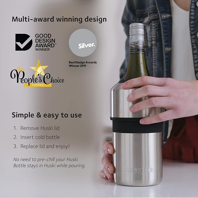 Huski Wine Chiller | Award Winning Iceless Design | Keeps Wine Cold up to 6 Hours | Wine Accessory | Next Generation Ice Bucket | Fits Some Champagne Bottles | Perfect Gift for Wine Lovers (Black)