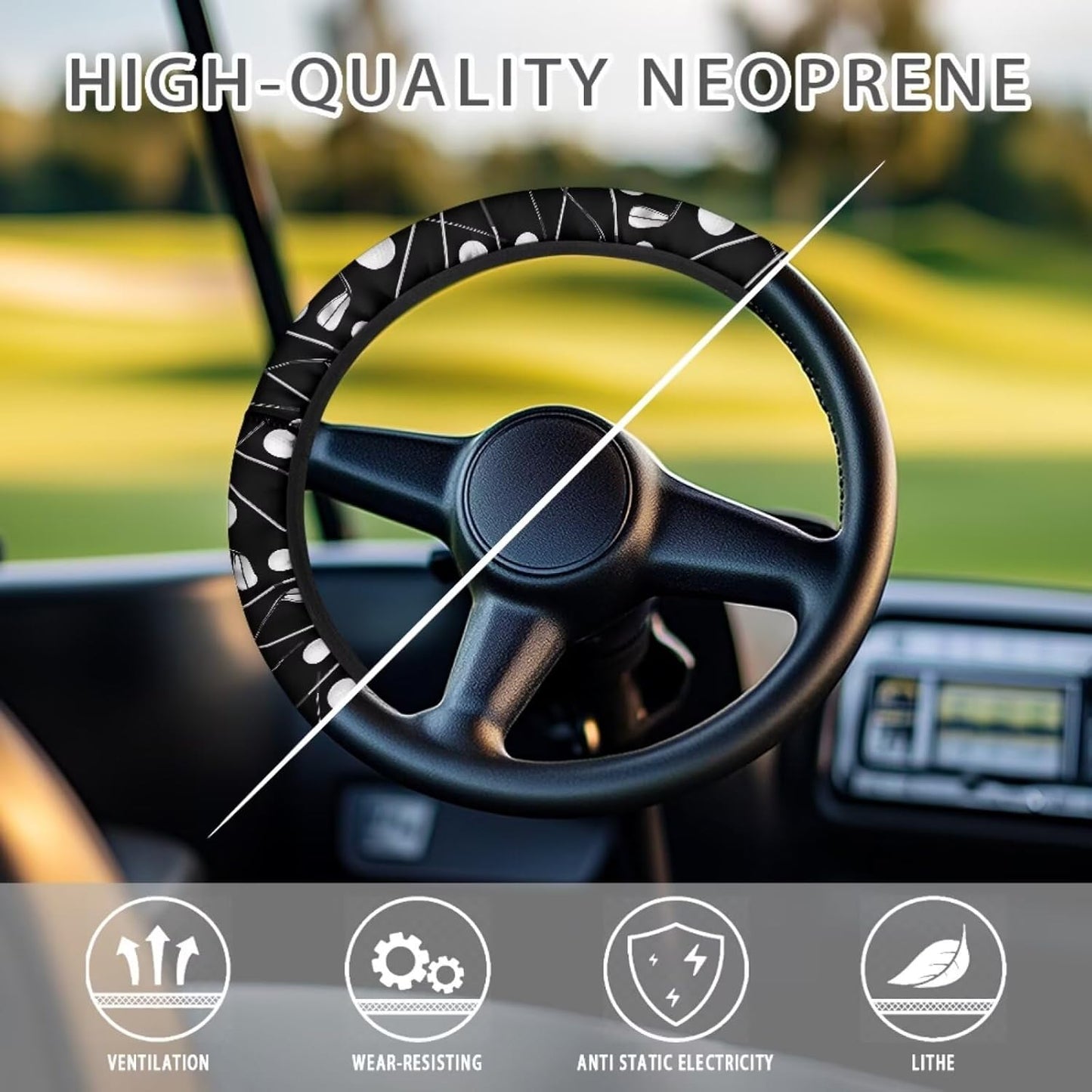 Golf Cart Steering Wheel Covers, Black, 13-14 Inch, Polyester, Universal Fit, Sun Shade, Non-Slip, Heat Insulating, Decorative